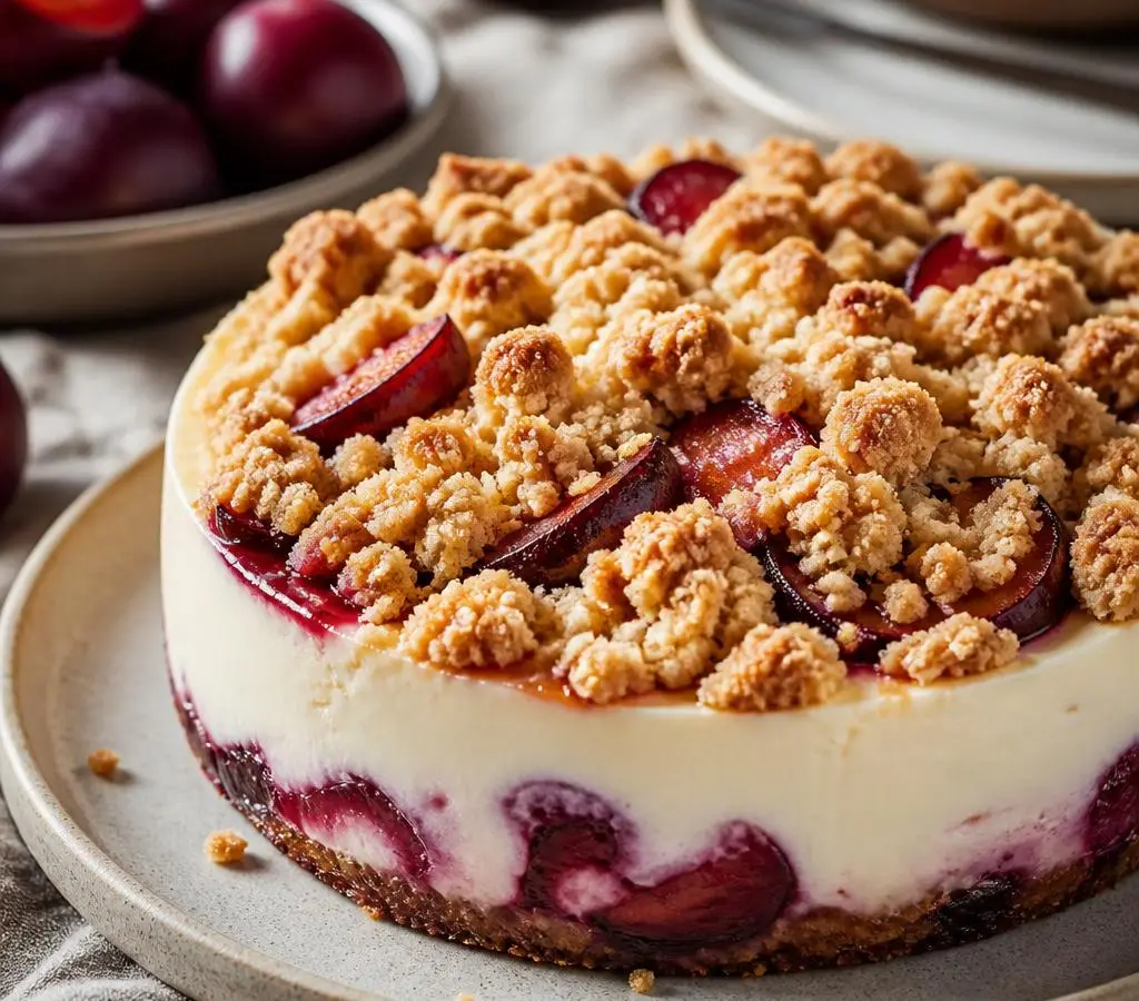 Sernik na zimno z pieczonymi śliwkami i maślanym crumble