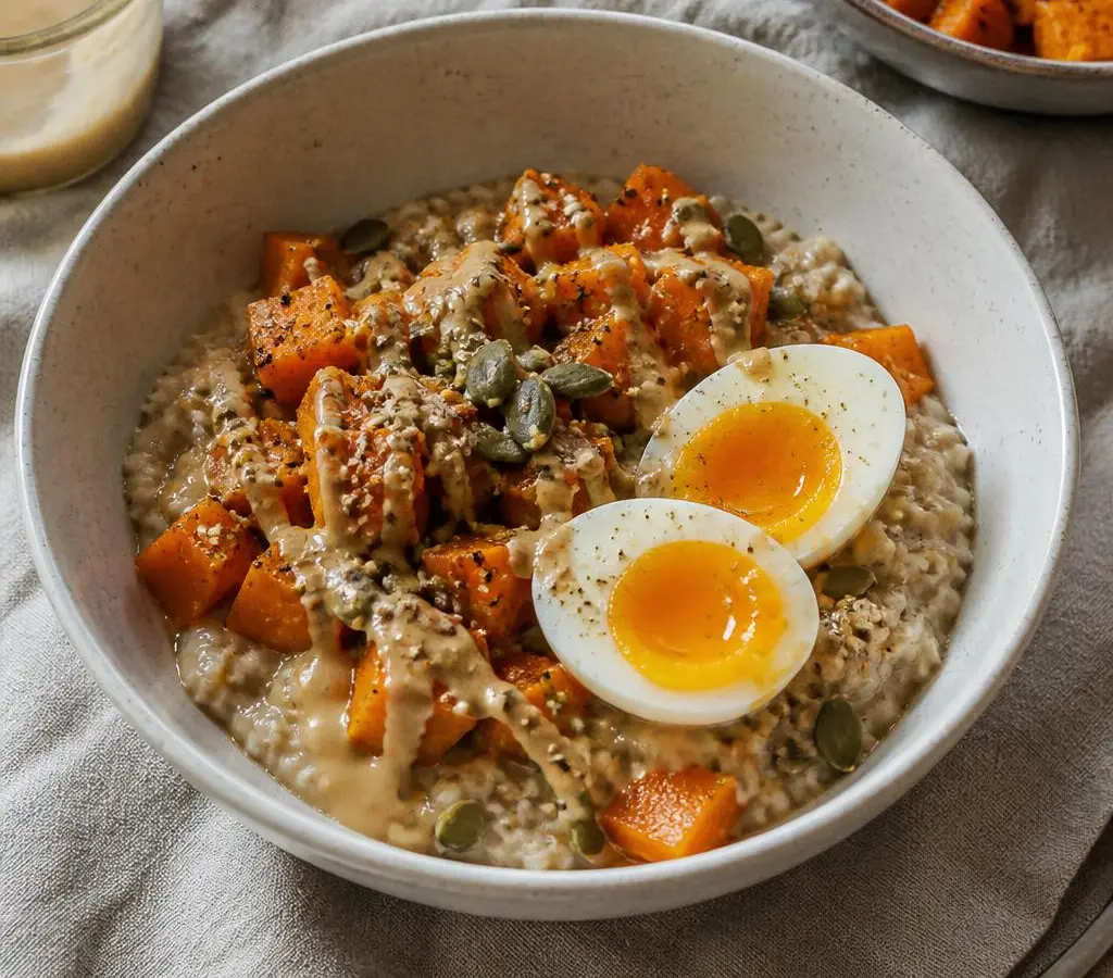 Wytrawna owsianka z pieczoną dynią, jajkiem i tahini