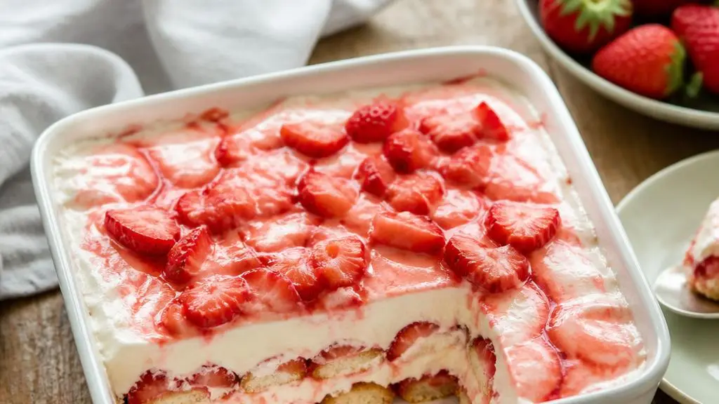 Lodowy deser truskawkowy z mascarpone i chrupiącymi biszkoptami